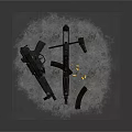 Tactical Weapons Including Two Black Guns With Bullets And Magazines On Snowy Ground
