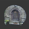 Architectural Arched Stone Door With Wooden Frame Stone Walls And Yellow Flowers Potted Plants