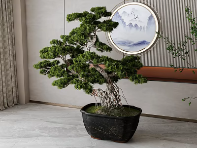 Indoor Chinese Style Bonsai Tree With Exposed Roots In Black Pot And Circular Landscape Painting 3d model