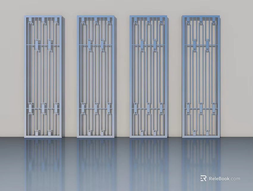 Four Decorative Metal Hinged Doors With Vertical Bars And Ornate Patterns 3d model