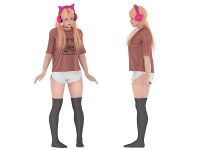 Woman Wearing Brown T Shirt White Shorts Black Knee High Socks Pink Cat Ear Headphones 3d model