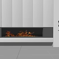 Modern Fireplace With Burning Flame In Contemporary Interior With White Cabinetry And Decorative Sculpture