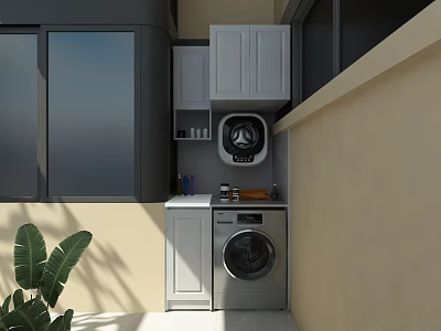 Decorative Cabinets in Modern Laundry Room with Washing Machine and Green Plant 3d model