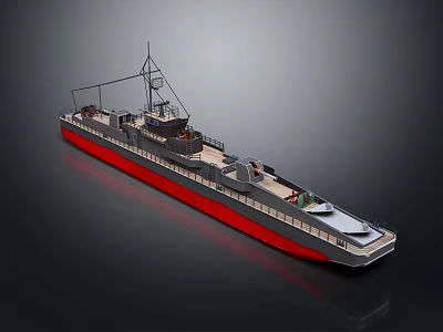 Water Vessel With Black And Red Hull Upper Deck Antenna Structure 3D Rendered Model 3d model