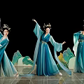 Women dancing in blue traditional ancient style costumes with flowing skirts and mountain shaped backdrops