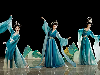 Women dancing in blue traditional ancient style costumes with flowing skirts and mountain shaped backdrops 3d model