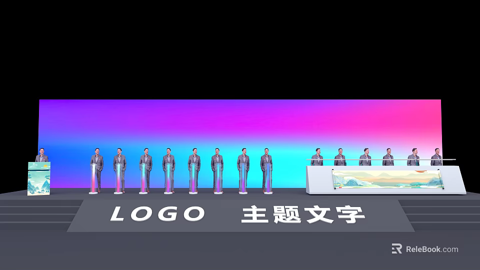 Functional Desk Setup On Event Stage With Logo Theme Text And Standing People 3d model