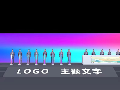 Functional Desk Setup On Event Stage With Logo Theme Text And Standing People 3d model