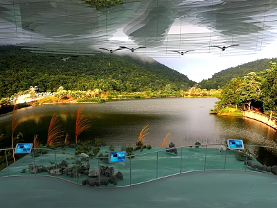 Tranquil Lake Scenery with Lush Green Mountains Dense Forests and Blue Viewing Platforms 3d model