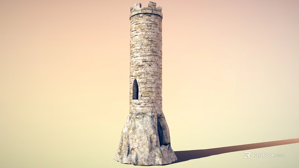 Stone Tower With Crenellated Top Small Arched Window And Rugged Base Against Orange Yellow Sky 3d model 
