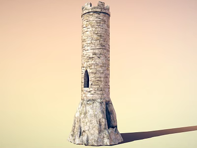 Stone Tower With Crenellated Top Small Arched Window And Rugged Base Against Orange Yellow Sky 3d model