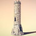 Stone Tower With Crenellated Top Small Arched Window And Rugged Base Against Orange Yellow Sky