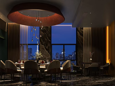 Luxurious Private Dining Room With Round Chandelier Large Windows And City Night View 3d model