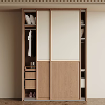 Modern Wooden Wardrobe With Sliding Doors Clothing Storage Drawers And Shelves 3d model