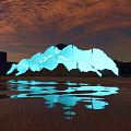 Illuminated Blue Mountain Shaped Garden Ornament With Water Reflection In Dark Background