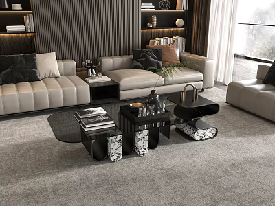Modern Luxury Living Room With Black Coffee Table Geometric Design And Beige Sofa 3d model