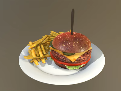 Juicy Cheeseburger with Sesame Bun Lettuce Tomato and Golden Fries on White Plate 3d model
