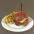 Juicy Cheeseburger with Sesame Bun Lettuce Tomato and Golden Fries on White Plate