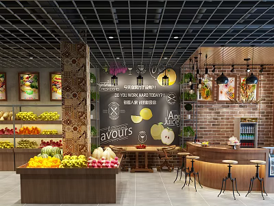 Grocery Supermarket Interior With Fresh Fruits Display Chalkboard Menu Pendant Lights And Brick Walls 3d model