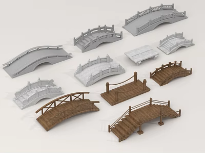 Various Model Bridges With Wooden Stone Materials And Different Railings 3d model