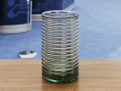 Transparent Vertical Striped Glass Vase With Gradient Green Bottom Holding Fresh Flowers On Wooden Table 3d model