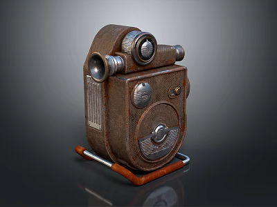 Retro Rusty Metal Computer Device With Knobs And Wooden Stand Design 3d model