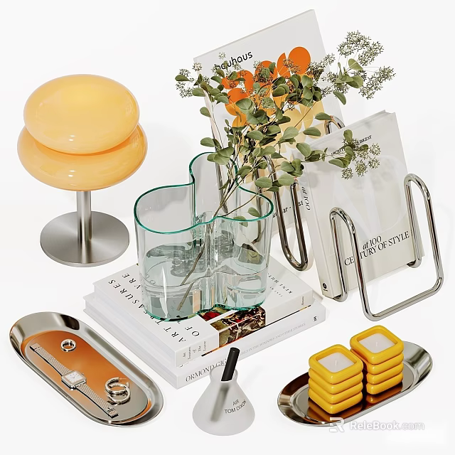 Decorative Ornament Set With Glass Vase Green Plants Metal Stand And Yellow Decor Pieces 3d model 