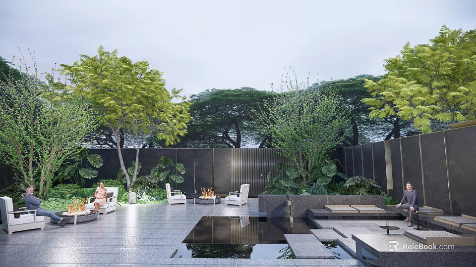 Tranquil Garden Landscape With Lush Green Trees Paved Courtyard Water Feature And Lounge Seating 3d model 