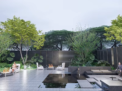Tranquil Garden Landscape With Lush Green Trees Paved Courtyard Water Feature And Lounge Seating 3d model
