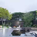 Tranquil Garden Landscape With Lush Green Trees Paved Courtyard Water Feature And Lounge Seating