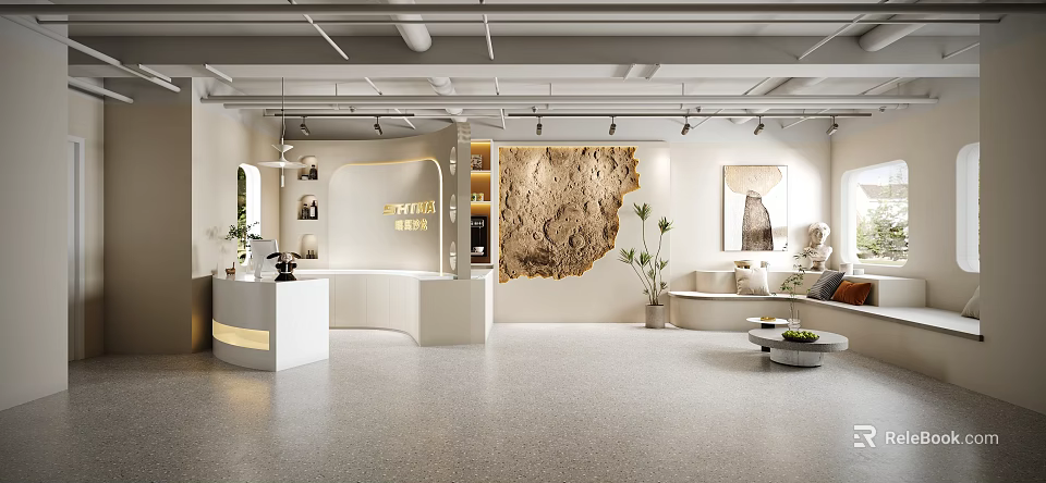 Modern Beauty Salon Interior Design With Reception Seating Decorative Wall And Plants 3d model 