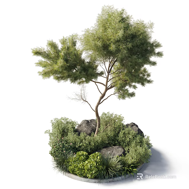 Natural Tree Pit Landscaping With Pine Tree Shrubs And Decorative Rocks 3d model 