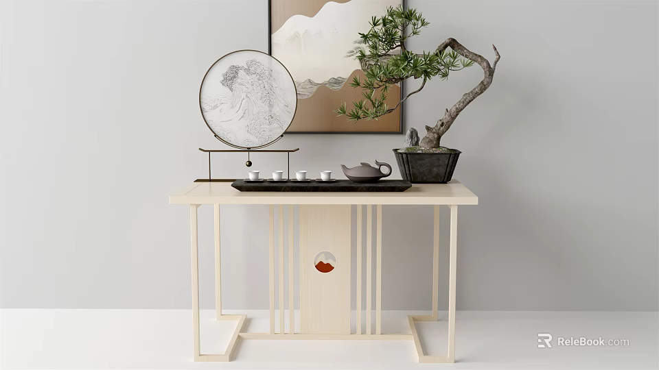 Modern Console Table Featuring Circular Decor Bonsai Tree And Tea Set With Landscape Painting 3d model