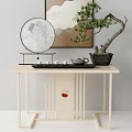 Modern Console Table Featuring Circular Decor Bonsai Tree And Tea Set With Landscape Painting 3d model
