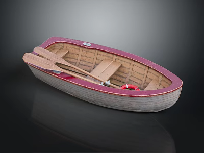 Detailed Wooden Small Boat with Red Interior Seats and Wooden Oars 3d model