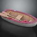 Detailed Wooden Small Boat with Red Interior Seats and Wooden Oars