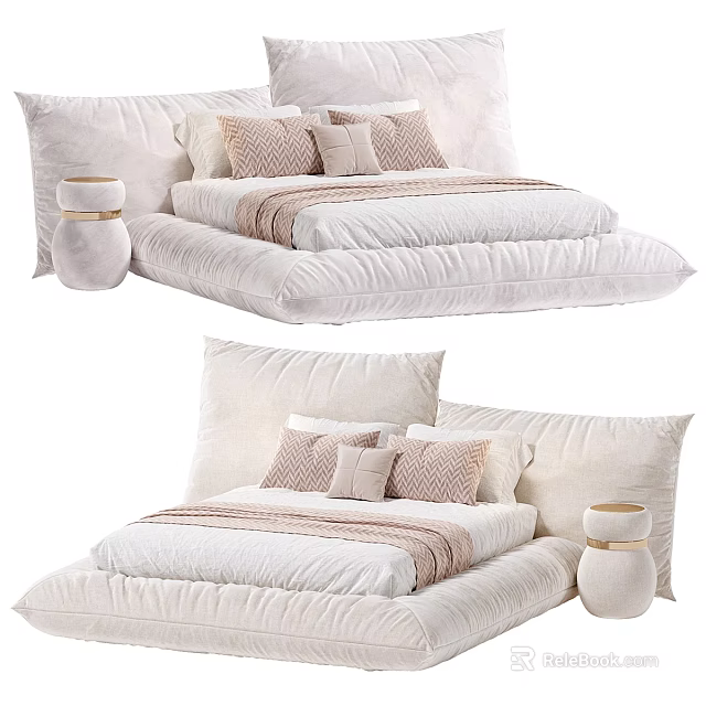 Modern Double Bed Interior With Soft Pillows And Neutral Cozy Bedding 3d model 