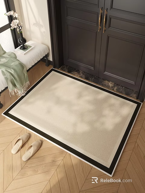 Soft Beige Square Rug With Black Border Placed On Wooden Floor Near Bed And Slippers 3d model 
