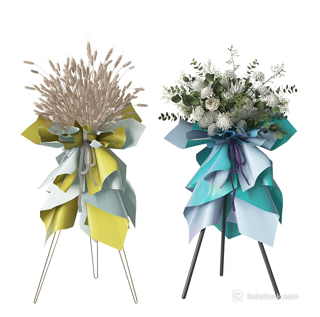 Dried Wheat White Blooms In Vases With Yellow Blue Teal Purple Ribbons On Tripod Stands 3d model 