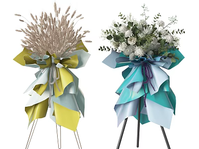 Dried Wheat White Blooms In Vases With Yellow Blue Teal Purple Ribbons On Tripod Stands 3d model