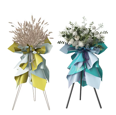 Dried Wheat White Blooms In Vases With Yellow Blue Teal Purple Ribbons On Tripod Stands 3d model