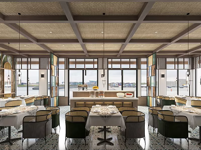 Elegant Restaurant Interior With Wooden Beam Ceiling Round Tables Comfortable Chairs And Pendant Lights 3d model