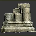 Ancient Wooden And Stone Stacked Building Components With Cylindrical Square Blocks And Mossy Base
