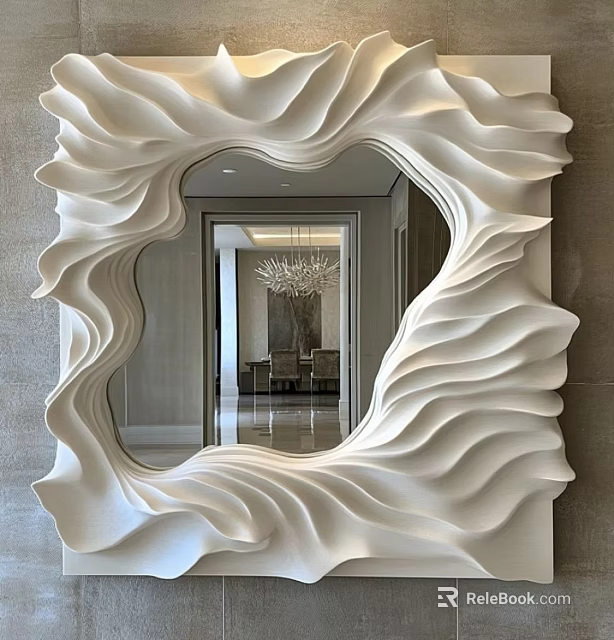 White Mirror With Wavy Decorative Frame Hanging On Gray Wall Reflecting Corridor And Dining Area 3d model 