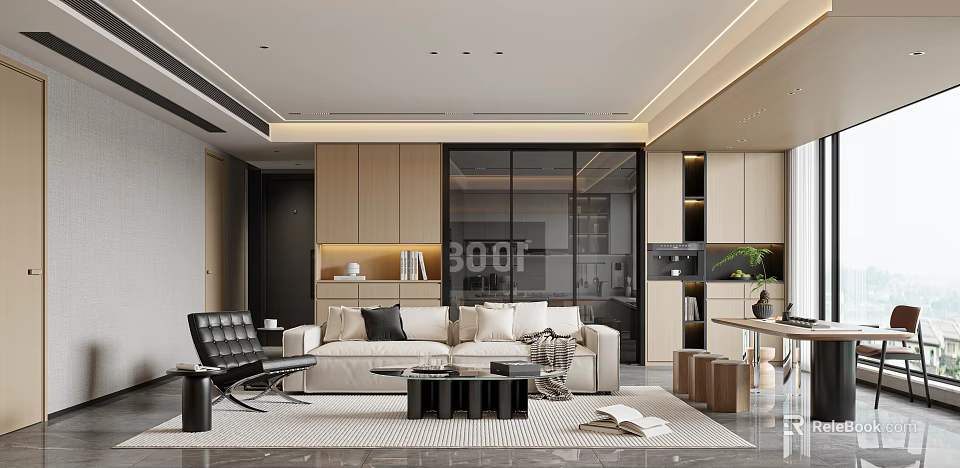 Modern Living and Dining Area Interior With Sofa Coffee Table And Open Layout Design 3d model