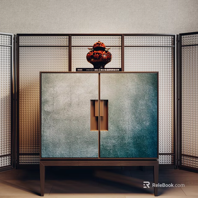 Teal Textured Surface Cabinet With Red Vase On Top And Lattice Screen Background 3d model