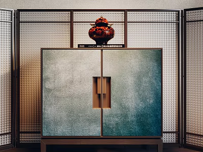 Teal Textured Surface Cabinet With Red Vase On Top And Lattice Screen Background 3d model