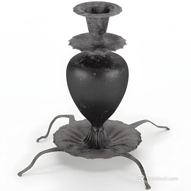 Decorative Black Metal Candle Holder Featuring Petal Shaped Base And Vase Like Design With Tray 3d model 