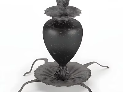 Decorative Black Metal Candle Holder Featuring Petal Shaped Base And Vase Like Design With Tray 3d model