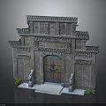 Traditional Chinese Architectural Gateway with Intricate Carvings Wooden Door Stone Lions Steps and Green Plants
